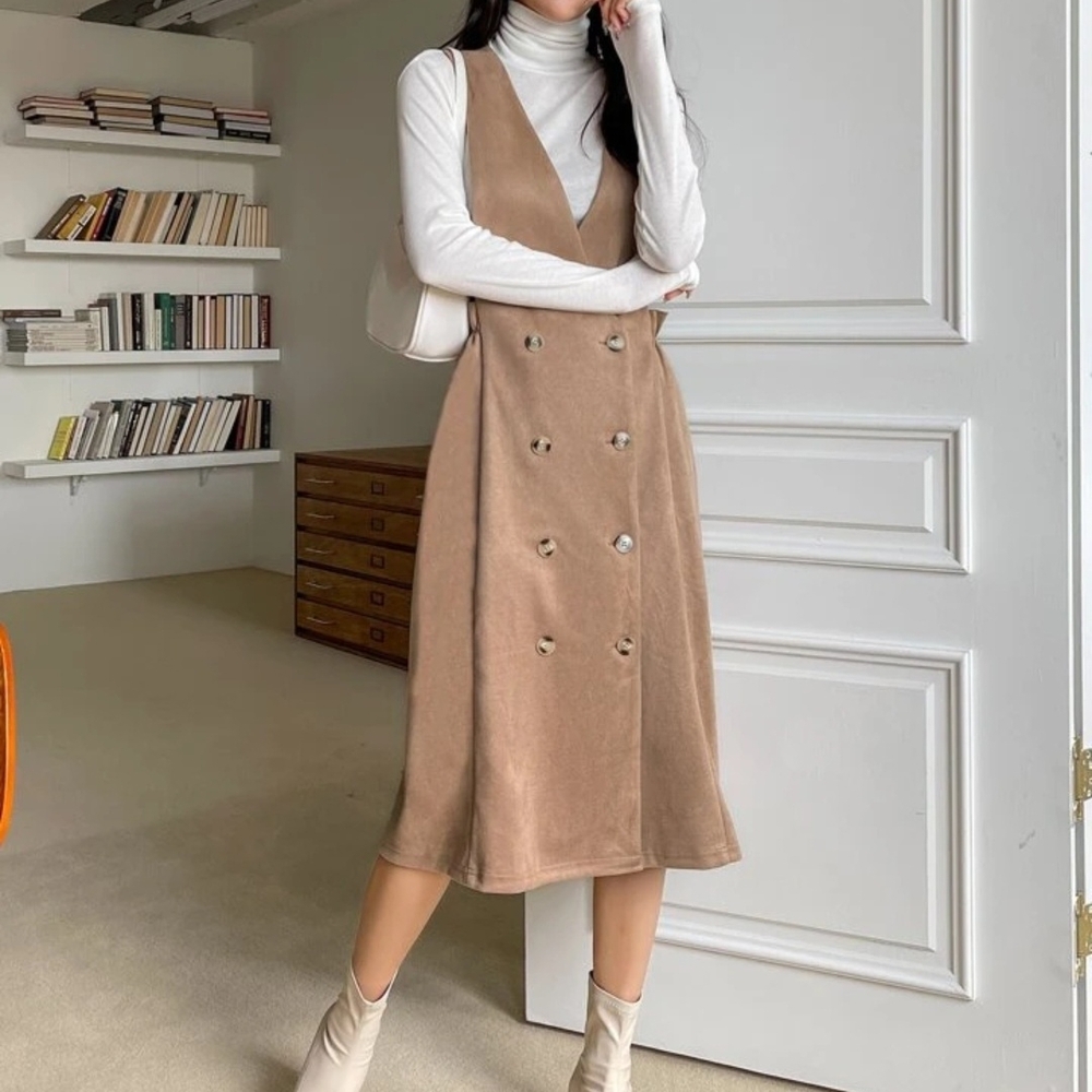 Stylish Double Breasted Sleeveless Suede Dress without Top